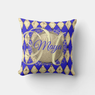 Royal Blue and Gold Glam Monogram Cushion