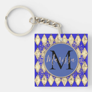 Royal Blue and Gold Glam Monogram  Key Ring