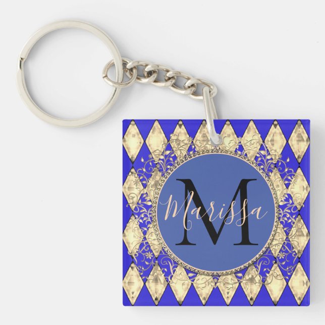 Royal Blue and Gold Glam Monogram  Key Ring (Front)