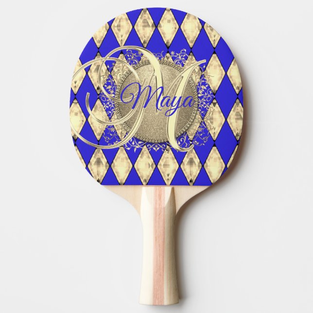 Royal Blue and Gold Glam Monogram Ping Pong Paddle (Front)
