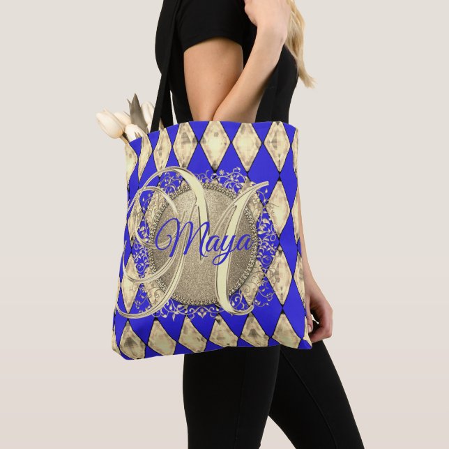 Royal Blue and Gold Glam Monogram Tote Bag (Close Up)