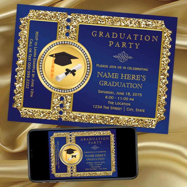 Royal Blue and Gold Graduation Invitation (Royal blue and gold graduation party invitation. Instant download file and printed invites available)