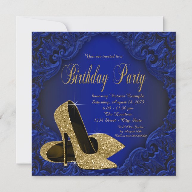 Royal Blue and Gold High Heels Birthday Party Invitation (Front)