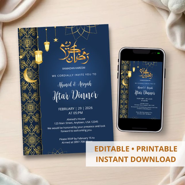 Royal Blue and Gold Islamic Floral Geometric Iftar Invitation (Creator Uploaded)