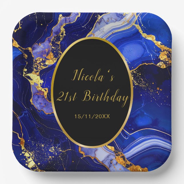 Royal Blue and Gold Marble Agate Birthday Party Paper Plate (Front)