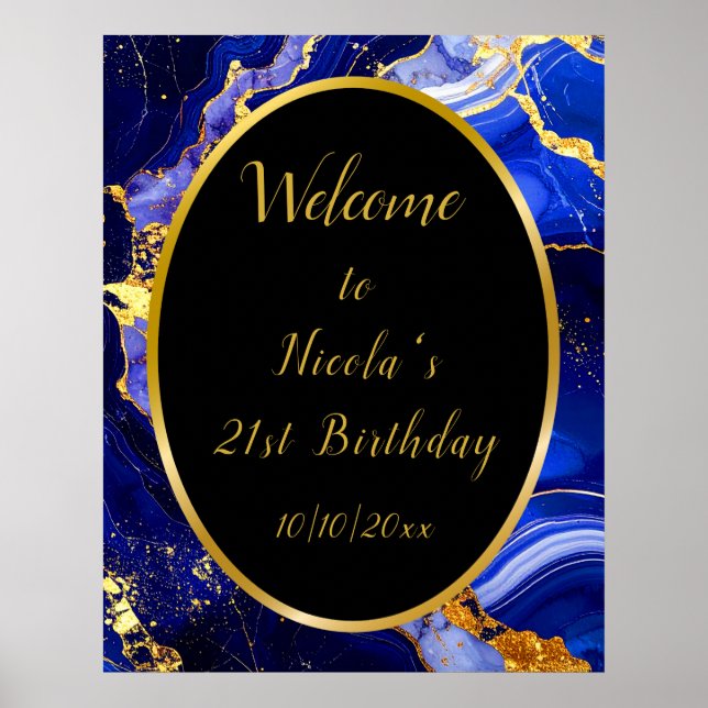 Royal Blue and Gold Marble Agate Birthday Party Poster (Front)