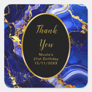 Royal Blue and Gold Marble Agate Birthday Party Square Sticker