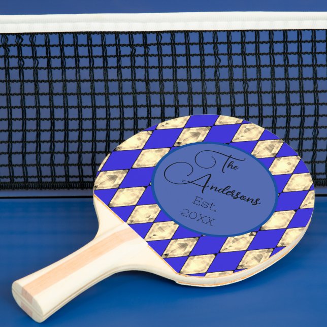 Royal Blue and Gold Modern Family Name Harlequin Ping Pong Paddle (Insitu)