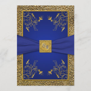 Royal Blue and Gold Monogram Wedding Invitation