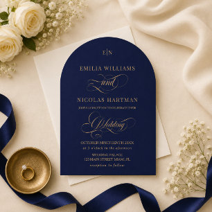 Royal Blue and Gold Monogram Wedding Invitation