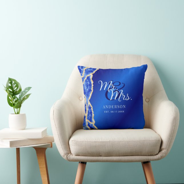 Royal Blue and Gold Newlyweds Family Name Mr & Mrs Cushion (Chair)
