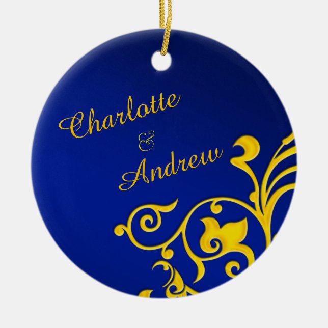 Royal Blue and Gold Personalised Names Ceramic Ornament (Front)