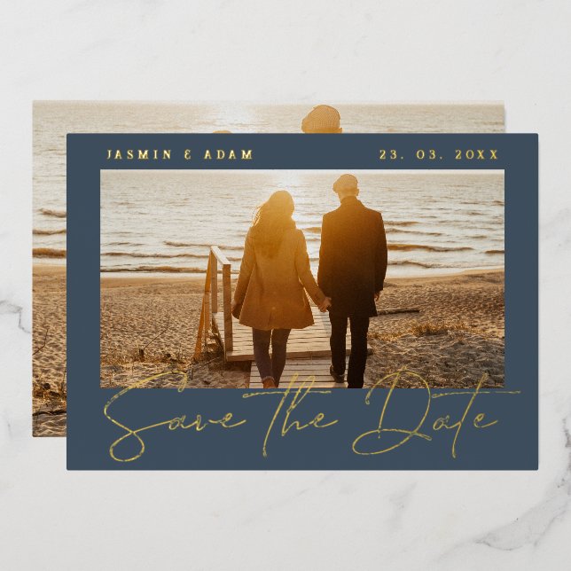 Royal Blue and Gold Photo Wedding Save the Date (Front/Back)