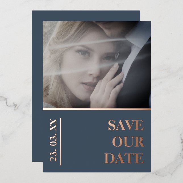 Royal Blue and Gold Photo Wedding Save the Date Foil Holiday Card (Front/Back)