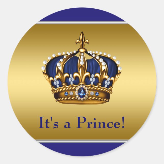 Royal Blue and Gold Prince Baby Shower Classic Round Sticker (Front)