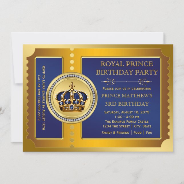 Royal Blue and Gold Prince Birthday Party Invitation (Front)