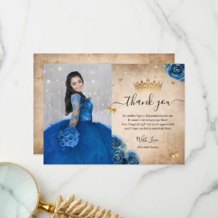 Royal Blue and Gold Quinceañera Photo Birthday Thank You Card