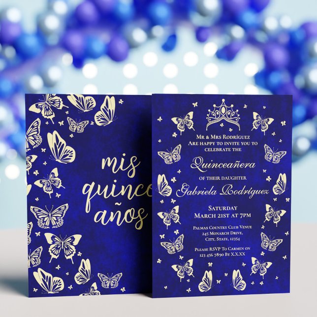 Royal Blue and Gold Quinceañera Tiara Butterfly Invitation (Royal Blue and Gold Quinceañera Tiara Butterfly Invitation)