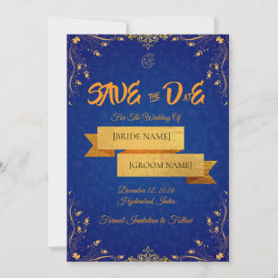 Royal Blue and Gold Save the Date Card