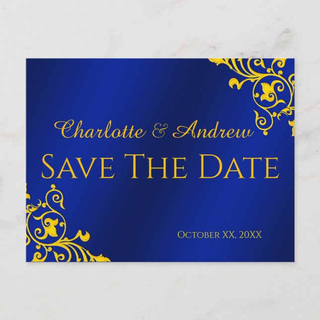 Royal Blue and Gold Save The Date Postcard (Front)