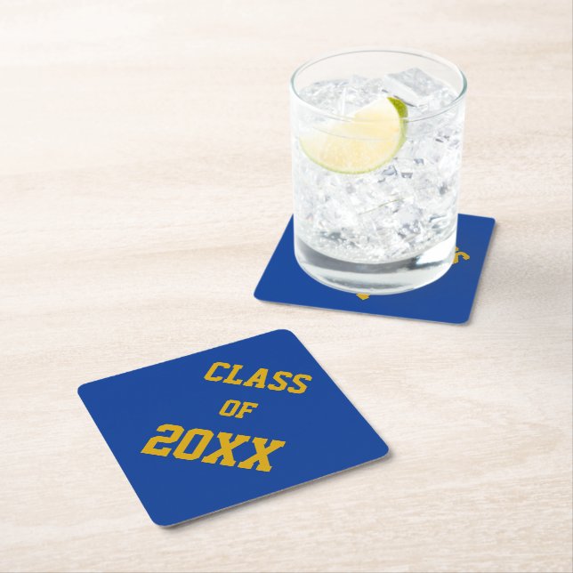 Royal Blue and Gold School Colours and Class Year Paper Coaster (Insitu)