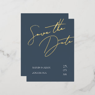 Royal Blue and Gold Script Wedding Save the Date Foil Invitation Postcard
