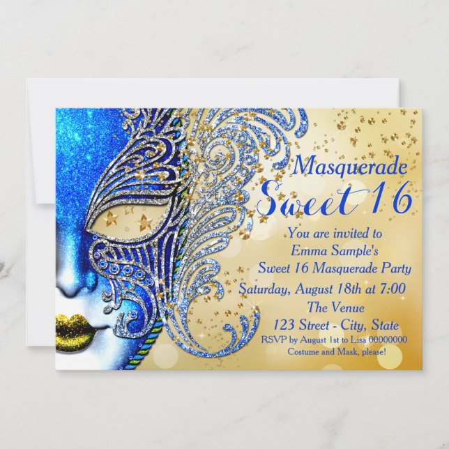 Royal Blue and Gold Sweet 16 Masquerade Party Invitation (Front)