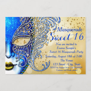 Royal Blue and Gold Sweet 16 Masquerade Party Invitation