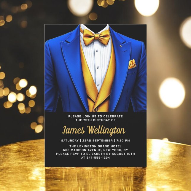 Royal Blue and Gold Tuxedo Birthday Celebration Invitation (Creator Uploaded)