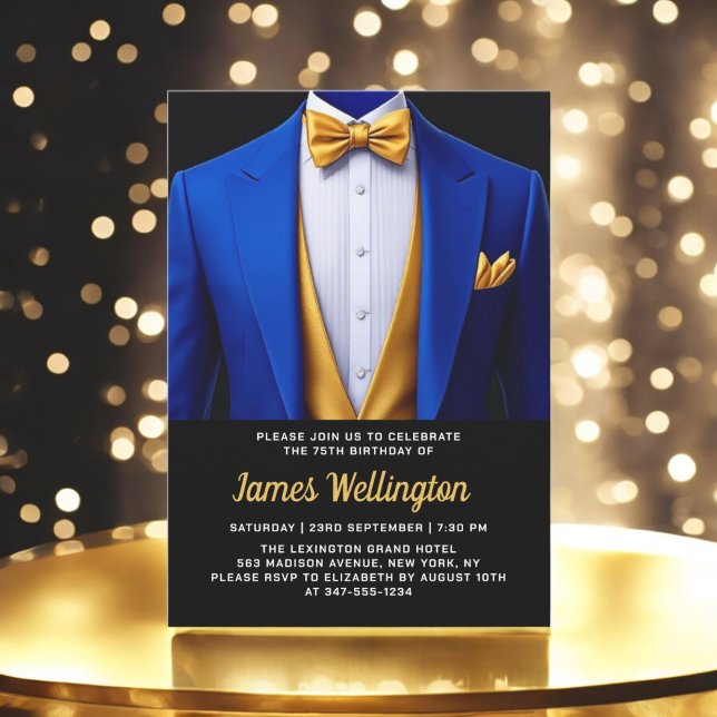 Royal Blue and Gold Tuxedo Birthday Celebration Invitation (Creator Uploaded)