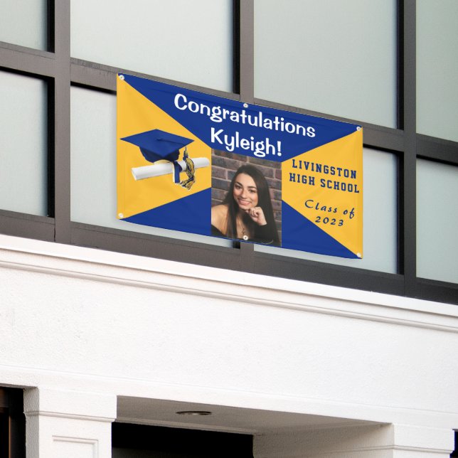 Royal Blue and Gold Vinyl Graduation Photo Banner (Outside Building)