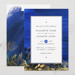 Royal Blue and Gold Watercolor Wedding Invitation