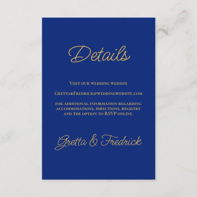 Royal Blue and Gold Wedding Details Enclosure Card (Front)