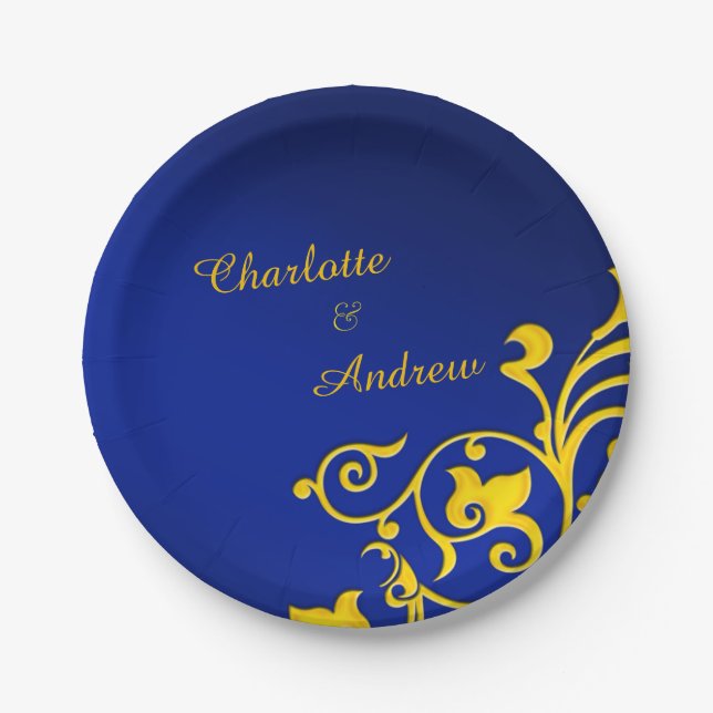 Royal Blue and Gold Wedding Paper Plate (Front)