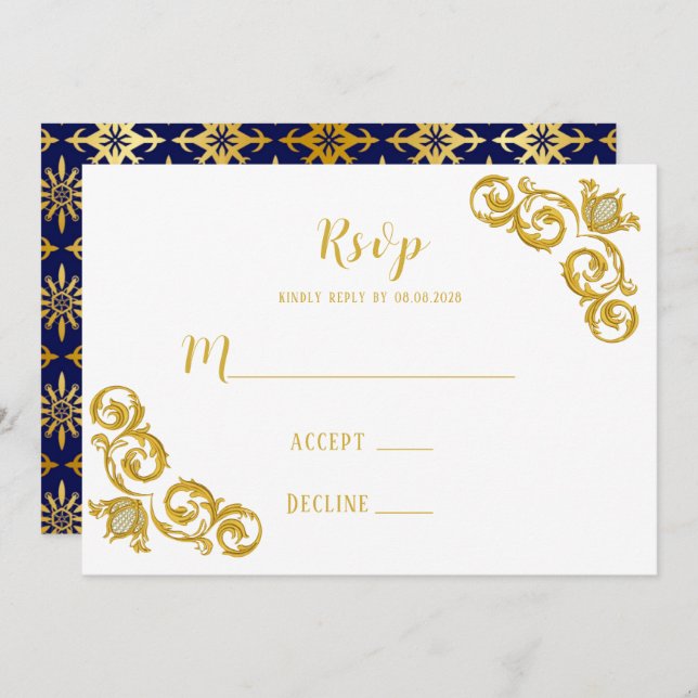 Royal Blue and Gold Wedding RSVP Cards (Front/Back)
