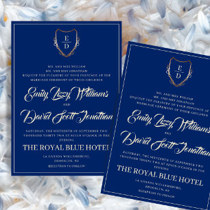 Royal Blue and Golden Classic Monogram Whimsical  Invitation
