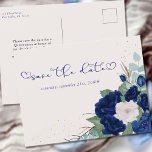 Royal Blue and Ivory Rose Floral Save the Date Announcement Postcard<br><div class="desc">Floral Save the Date Postcard to customise for any occasion. The design has roses in royal blue navy and ivory with gold confetti, foliage and eucalyptus leaves. Save the date is hand lettered with love heart flourishes. The template is set up for you to add your special date and a...</div>
