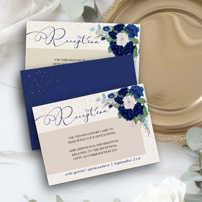 Royal Blue and Ivory Rose Reception Enclosure Card (Dark blue reception cards from my Royal Rose Quinceanera collection)