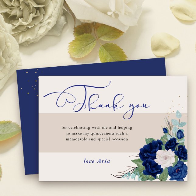 Royal Blue and Ivory Roses Elegant Calligraphy Thank You Card (Elegant Thank You card with sweet calligraphy and royal navy blue and ivory rose blooms)