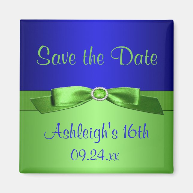 Royal Blue and Lime Green Save the Date Magnet (Front)