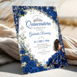 Royal Blue and Navy Quinceañera Silver Butterflies Invitation