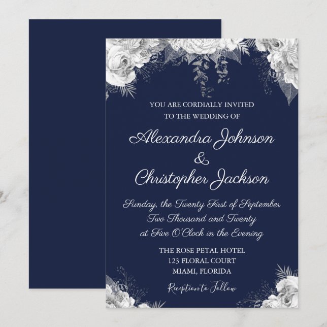 Royal Blue and Pearl White Floral Wedding Invitation (Front/Back)