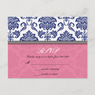 Royal Blue and Pink Damask Wedding RSVP Card