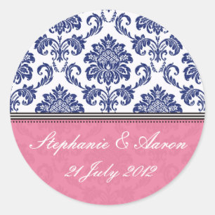 Royal Blue and Pink Damask Wedding Sticker