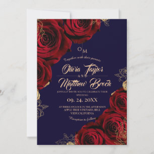 Royal Blue and Red ⎮ Burgundy Rose Flower Wedding Invitation