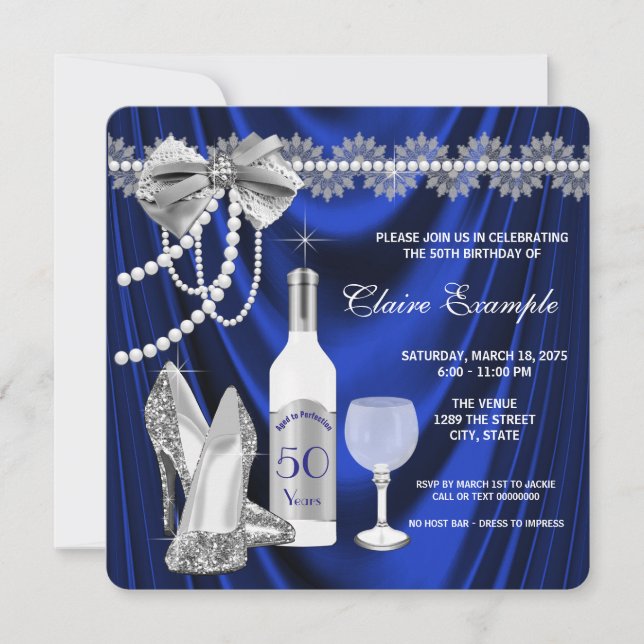Royal Blue and Silver Aged to Perfection Birthday Invitation (Front)