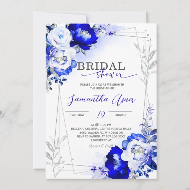 Royal Blue and Silver Bridal Shower Invitation (Front)