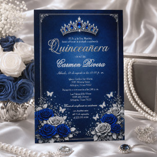 Royal Blue and Silver Crown Spanish Quinceañera Invitation