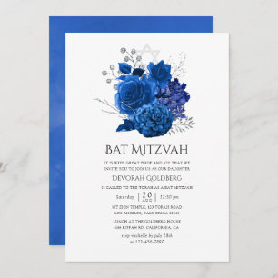 Royal Blue and Silver Floral Bat Mitzvah Invitation