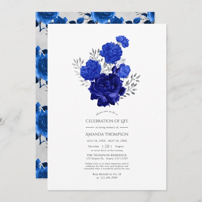 Royal Blue and Silver Floral Celebration of Life Invitation (Front/Back)